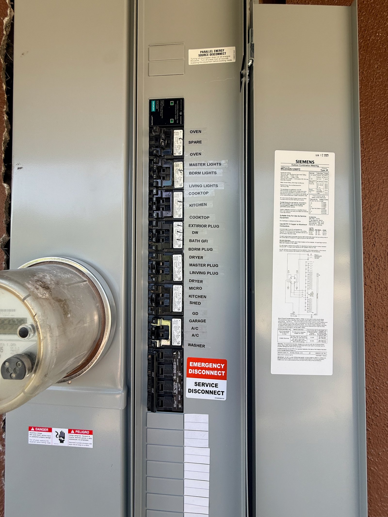 Residential electrical panel with printed circuit labels