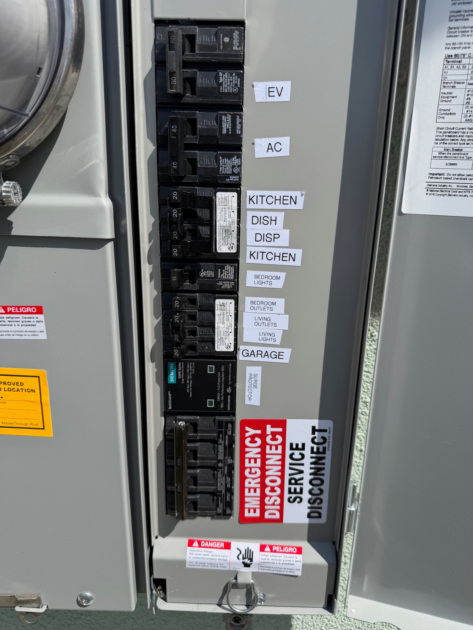 Electrical panel with labeled EV circuit, surge protection and service disconnect